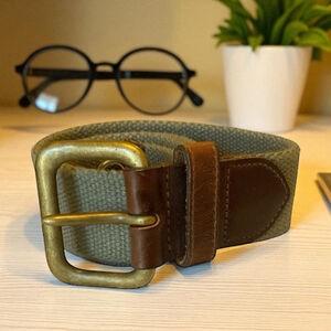 Eddie Bauer vintage Olive Green woven Canvas & Brown Leather Belt w/ brass L
